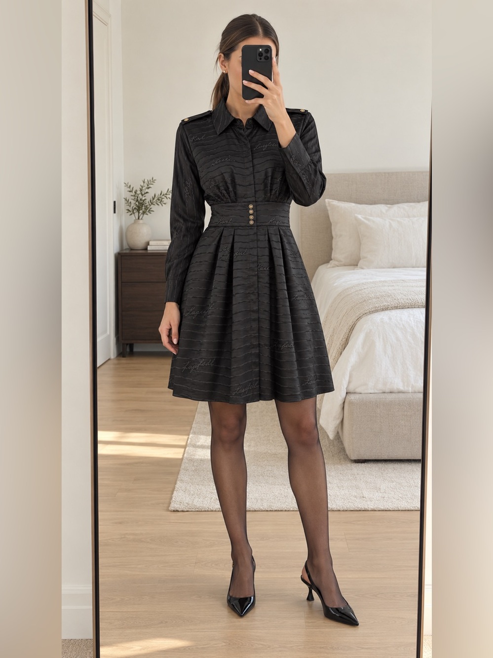 Karl Lagerfeld Paris Black Jacquard Long Sleeve Shirt Dress Size 8 NWT